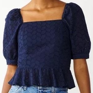 Draper James Navy Blue Eyelet Puff Sleeve Peplum Top Size Womens XL